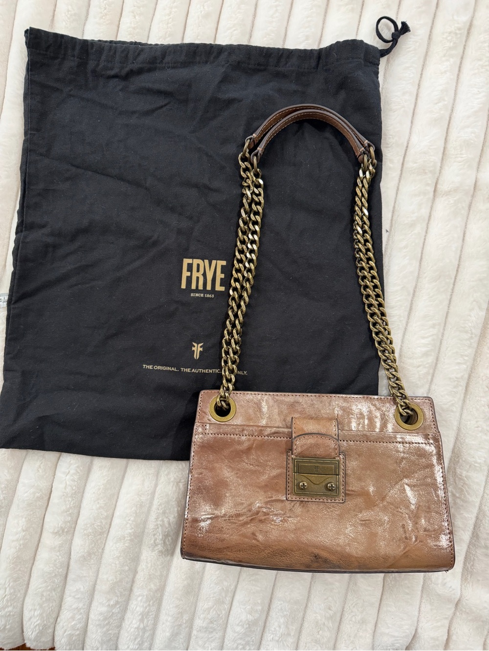 Frye Brown Leather Chain-Strap Shoulder Bag with Brass Hardware